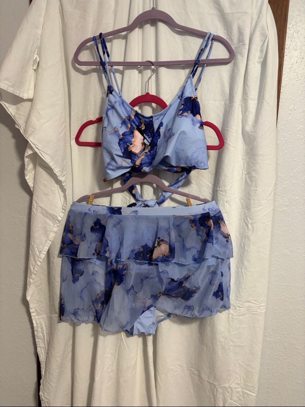 Light Blue Marble Print Bikini Set with Skirted Bottom